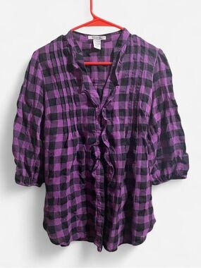 Timing Purple and Black Plaid Ruffle-Front Blouse